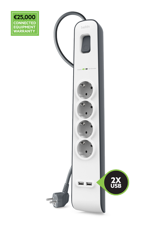Belkin BSV401 4fach Überspannungsschutz-Steckdosenleiste mit 2-m-Kabel und zwei USB-Ladeanschlüssen mit insgesamt 2,4 A, Garantie für angeschlossene Geräte für einen Betrag von bis zu 25.000 €