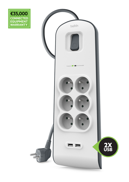 Multiprise parafoudre 6 prises BSV604 de Belkin avec 2 ports USB 2,4 A et une garantie sur les matériels connectés à hauteur de 35 000 €