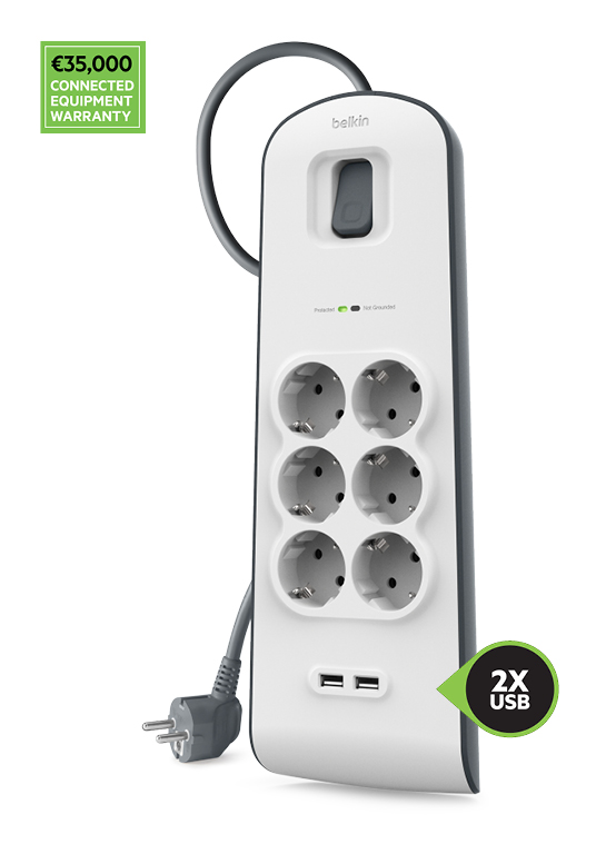 Belkin BSV604 6fach Überspannungsschutz-Steckdosenleiste mit 2-m-Kabel und zwei USB-Ladeanschlüssen mit insgesamt 2,4 A, Garantie für angeschlossene Geräte für einen Betrag von bis zu 35.000 €