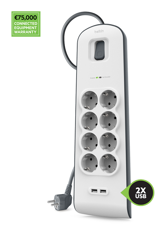 Belkin BSV804 8fach Überspannungsschutz-Steckdosenleiste mit 2-m-Kabel und zwei USB-Ladeanschlüssen mit insgesamt 2,4 A, Garantie für angeschlossene Geräte für einen Betrag von bis zu 75.000 €