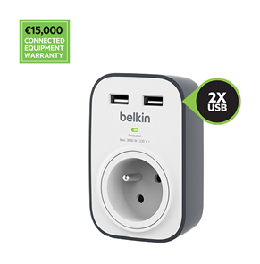 Prise parafoudre SurgeCube BSV103 2 ports USB 2,4 A de Belkin, avec garantie sur les matériels connectés à hauteur de 15 000 €