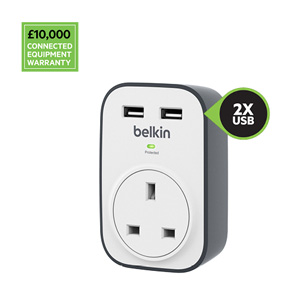 Belkin BSV103 SurgeCube 1 Outlet Surge Protector with 2 x 2.4A Shared USB Charging, £10 000 Connected Equipment Warranty