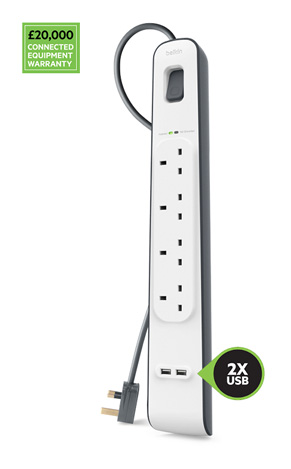 Belkin BSV400 4 Outlets 2M Surge Protection Strip, £20 000 Connected Equipment Warranty
