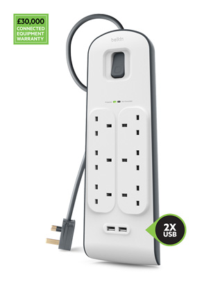 Belkin BSV604 6 Outlets 2M Surge Protection Strip with 2 x 2.4A Shared USB Charging, £30 000 Connected Equipment Warranty