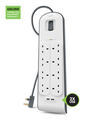 Belkin BSV804 8 Outlets 2M Surge Protection Strip with 2 x 2.4A Shared USB Charging, £60 000 Connected Equipment Warranty