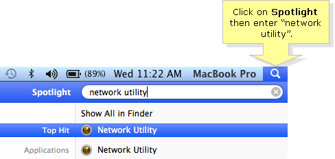 Network Utility Spotlight search