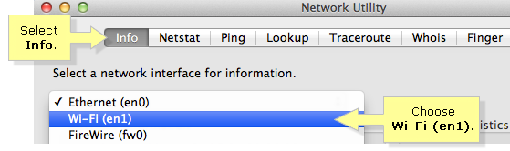 Network Utility, select Info and choosing the Wi-Fi interface